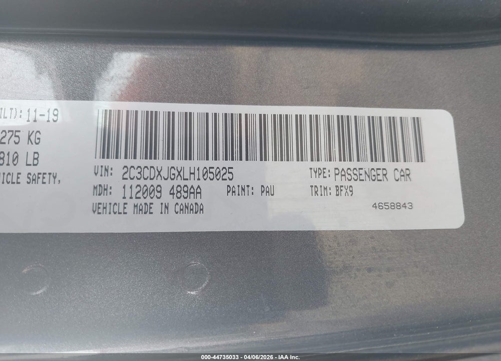 2020 DODGE CHARGER SXT AWD VIN: 2C3CDXJGXLH105025