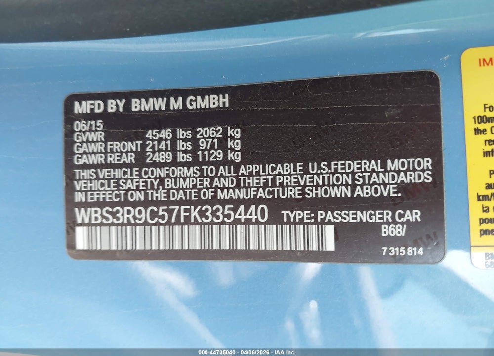 2015 BMW M4 VIN: WBS3R9C57FK335440