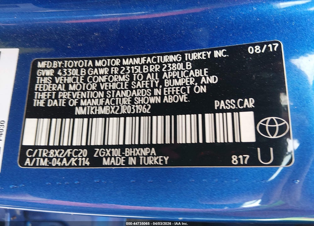 2018 TOYOTA C-HR XLE PREMIUM VIN: NMTKHMBX2JR031962