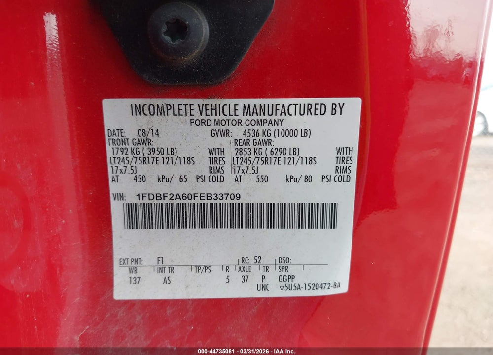 2015 FORD F-250 XL VIN: 1FDBF2A60FEB33709