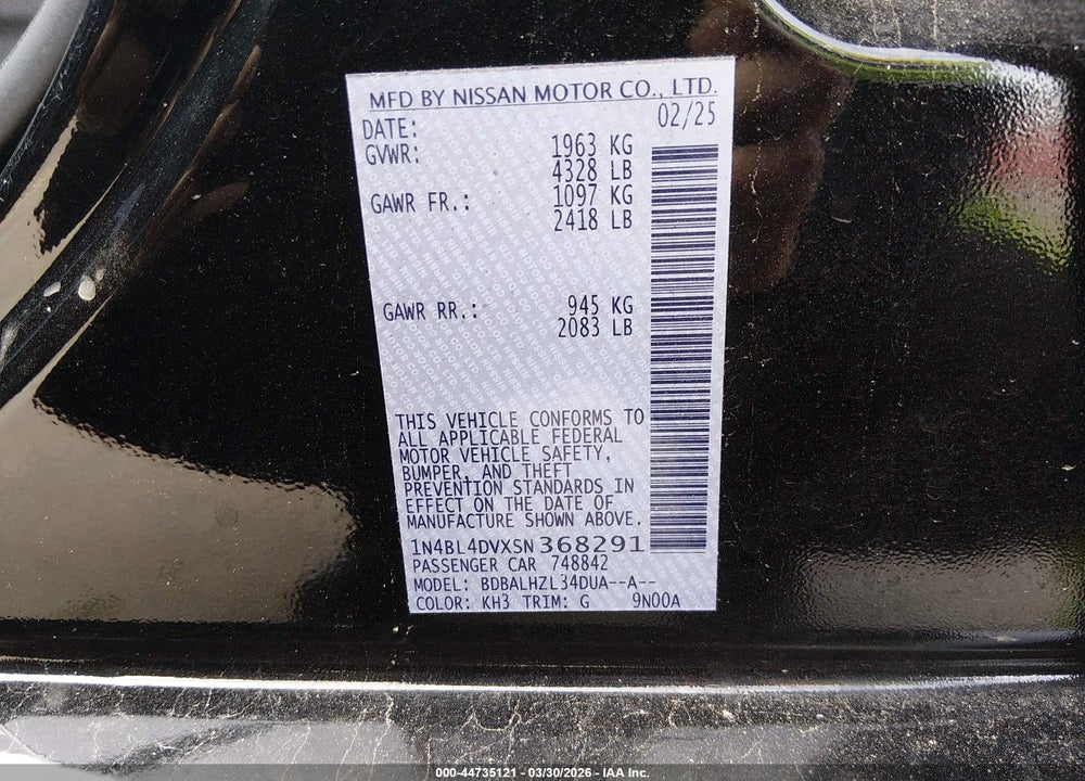 2025 NISSAN ALTIMA SV FWD VIN: 1N4BL4DVXSN368291