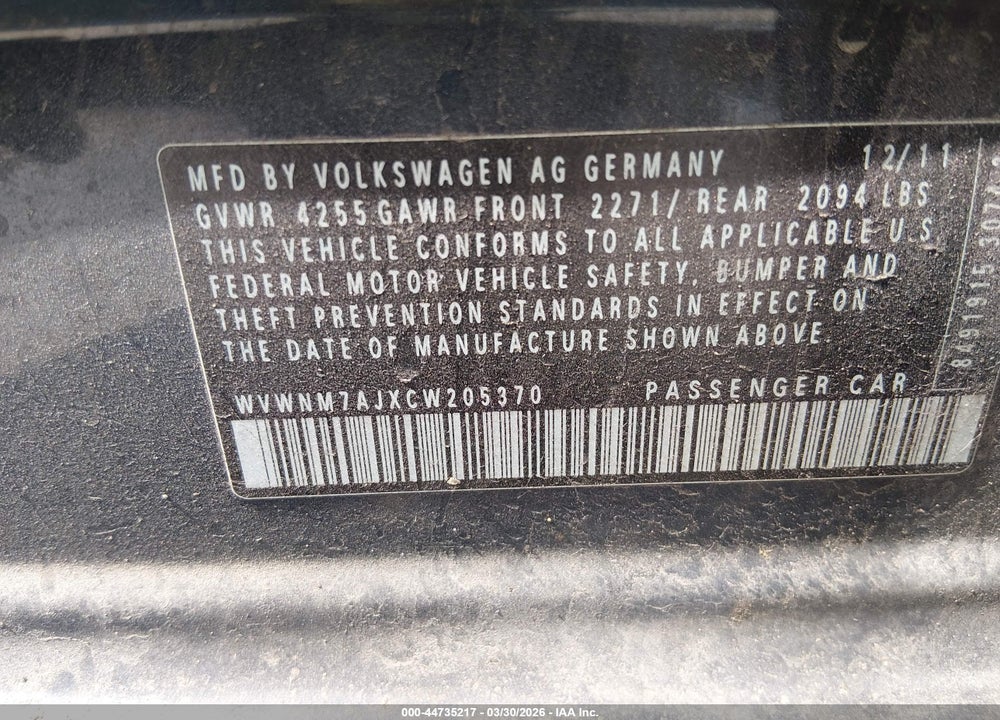 2012 VOLKSWAGEN GOLF TDI 4-DOOR VIN: WVWNM7AJXCW205370