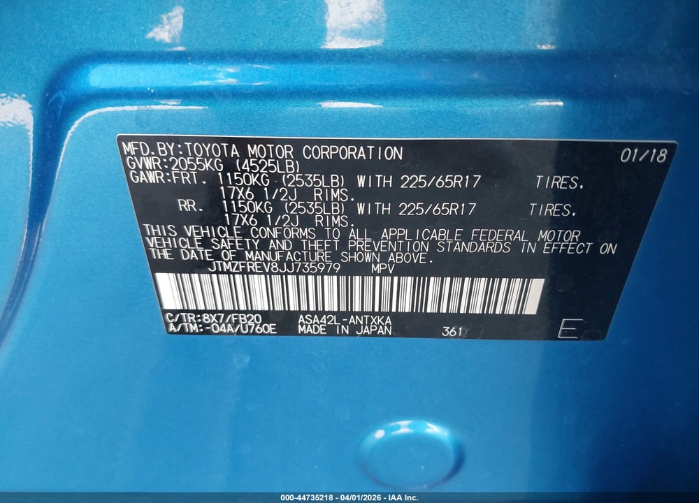 2018 TOYOTA RAV4 LE VIN: JTMZFREV8JJ735979