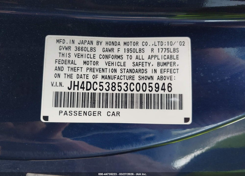 2003 ACURA RSX VIN: JH4DC53853C005946