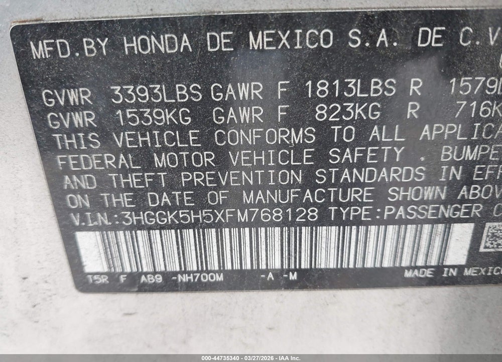 2015 HONDA FIT LX VIN: 3HGGK5H5XFM768128