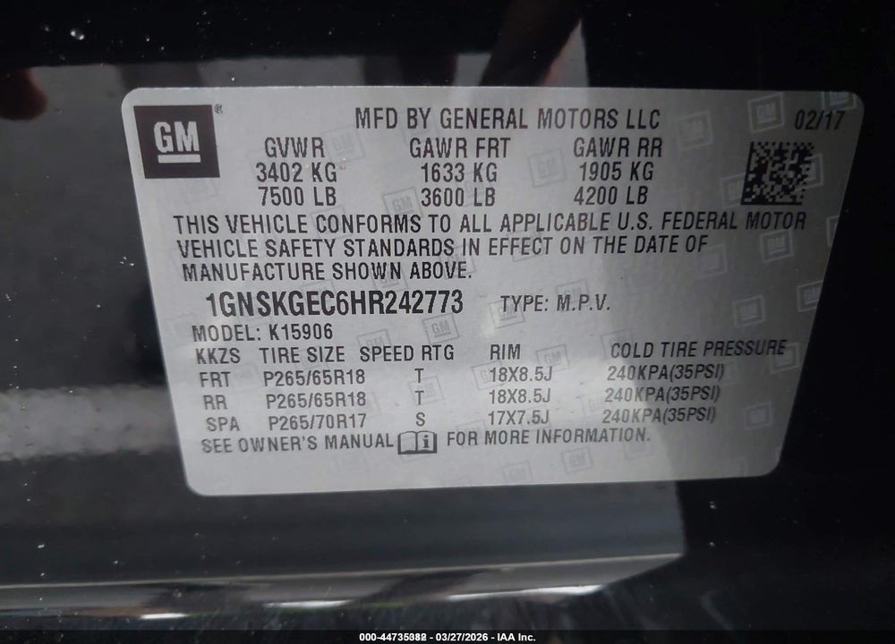 2017 CHEVROLET SUBURBAN LS VIN: 1GNSKGEC6HR242773
