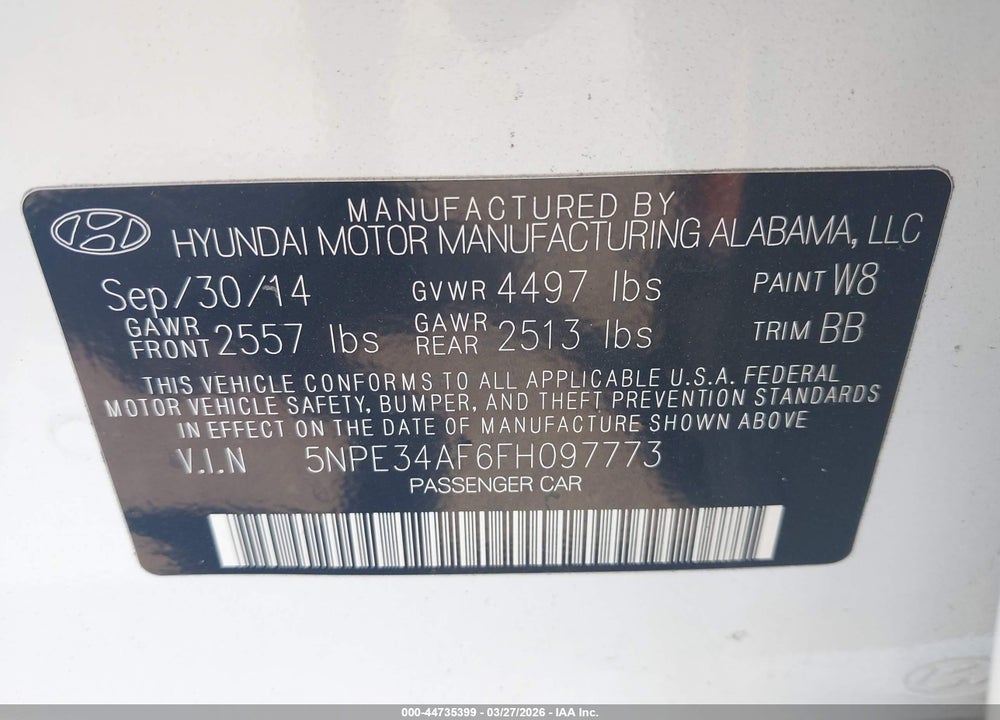 2015 HYUNDAI SONATA LIMITED VIN: 5NPE34AF6FH097773