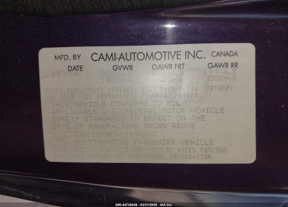 1995 GEO TRACKER VIN: 2CNBE18U6S6919563