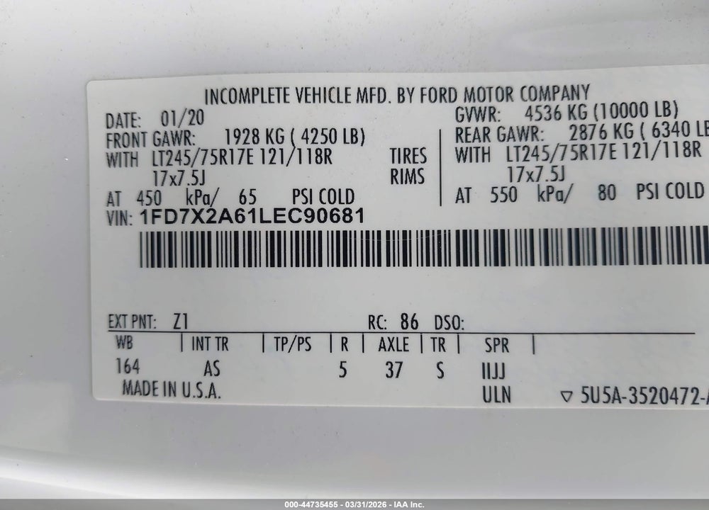 2020 FORD F-250 XL VIN: 1FD7X2A61LEC90681