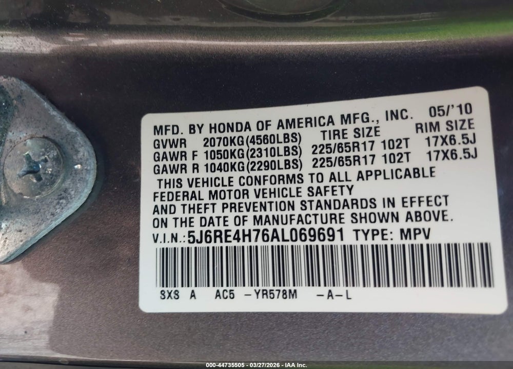 2010 HONDA CR-V EX-L VIN: 5J6RE4H76AL069691