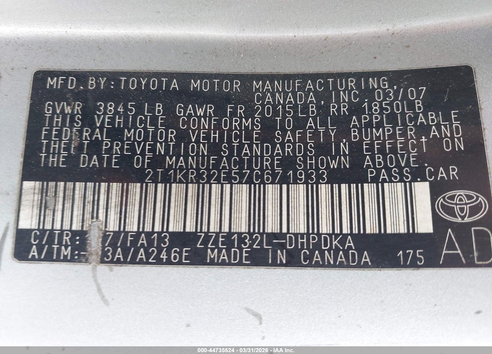 2007 TOYOTA MATRIX VIN: 2T1KR32E57C671933