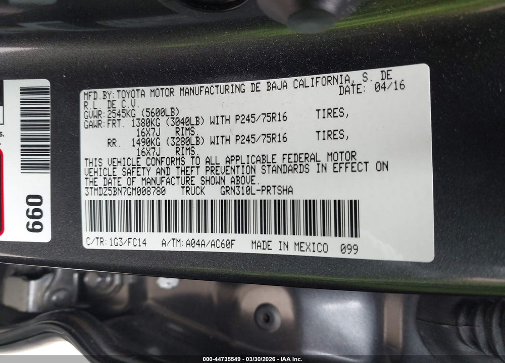 2016 TOYOTA TACOMA SR5 V6 VIN: 3TMDZ5BN7GM008780