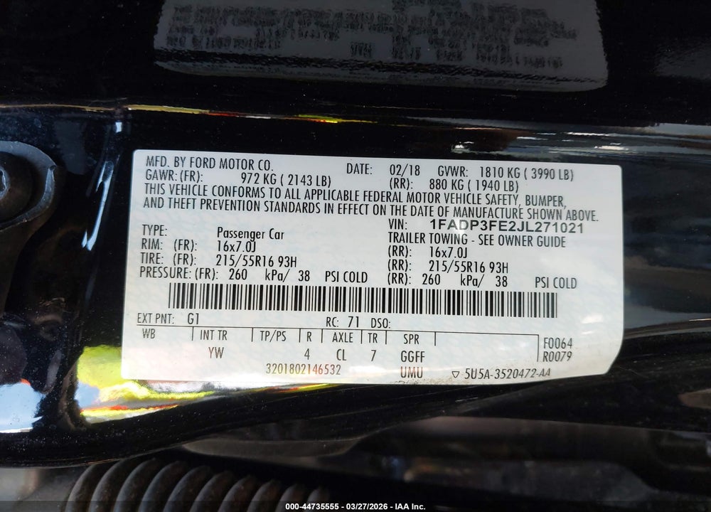 2018 FORD FOCUS SE VIN: 1FADP3FE2JL271021