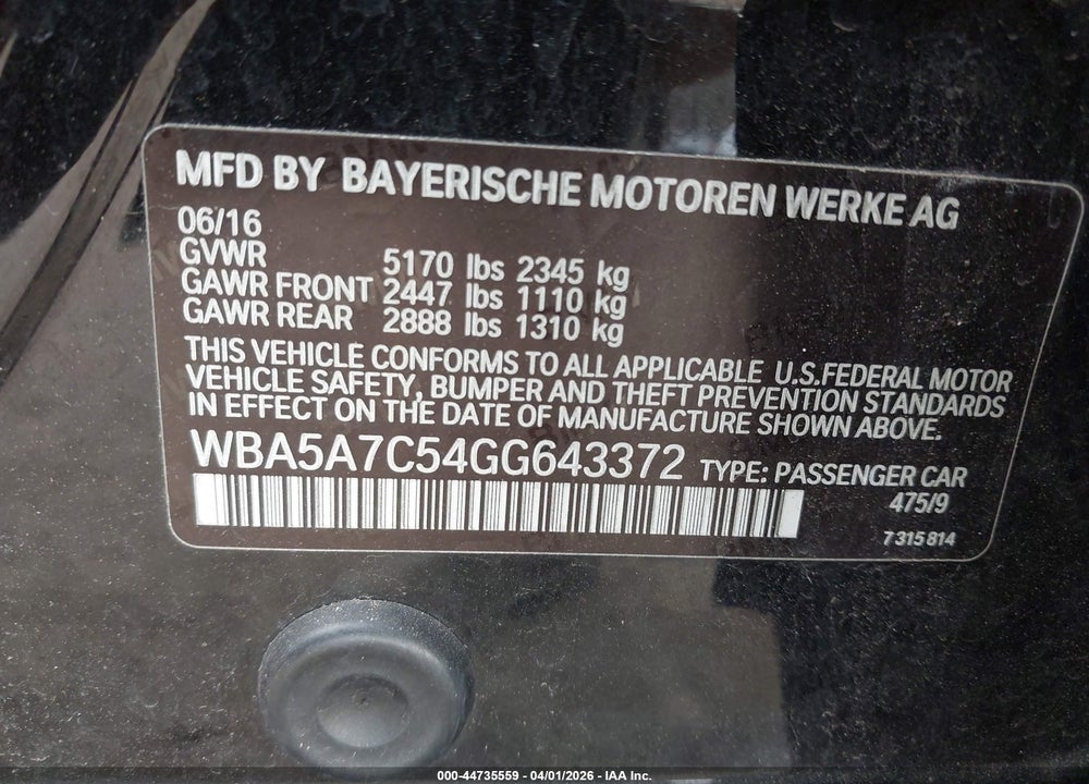 2016 BMW 528I XDRIVE VIN: WBA5A7C54GG643372