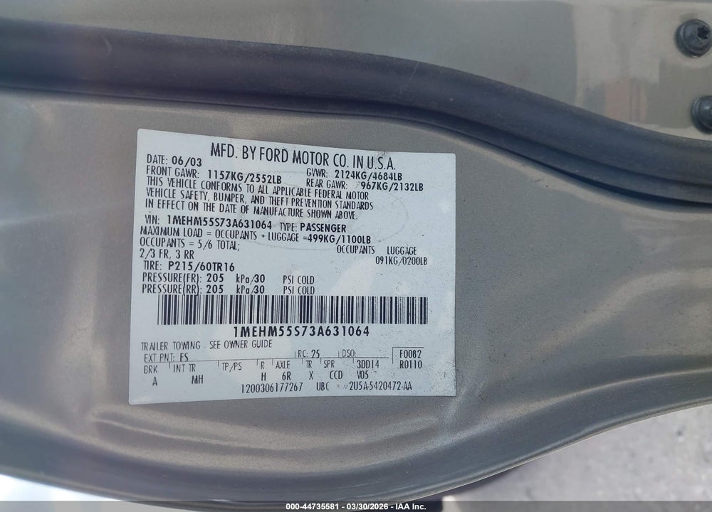 2003 MERCURY SABLE LS PREMIUM VIN: 1MEHM55S73A631064