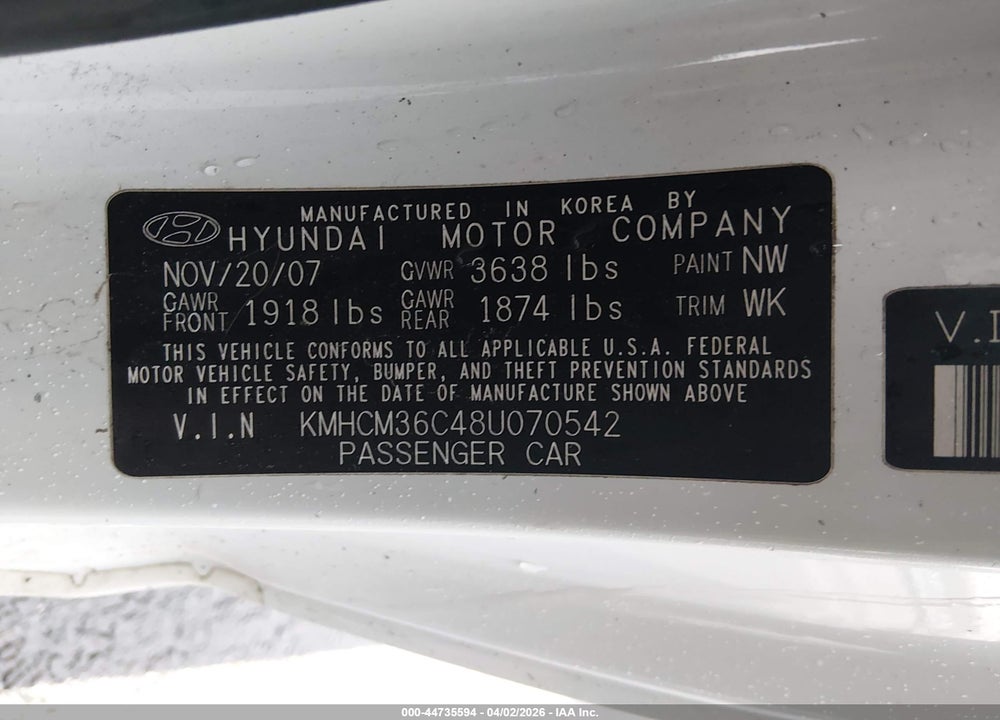 2008 HYUNDAI ACCENT GS VIN: KMHCM36C48U070542