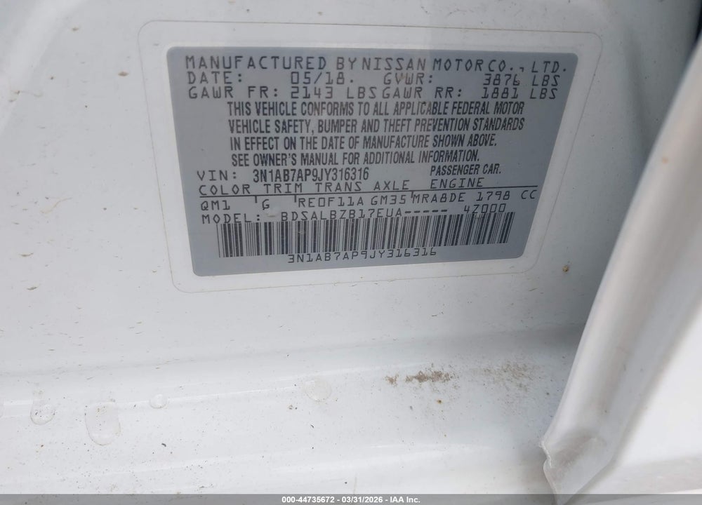 2018 NISSAN SENTRA S VIN: 3N1AB7AP9JY316316