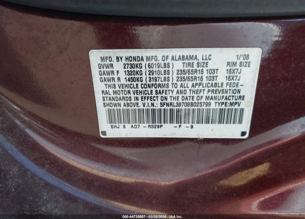 2008 HONDA ODYSSEY EX-L VIN: 5FNRL38708B025799