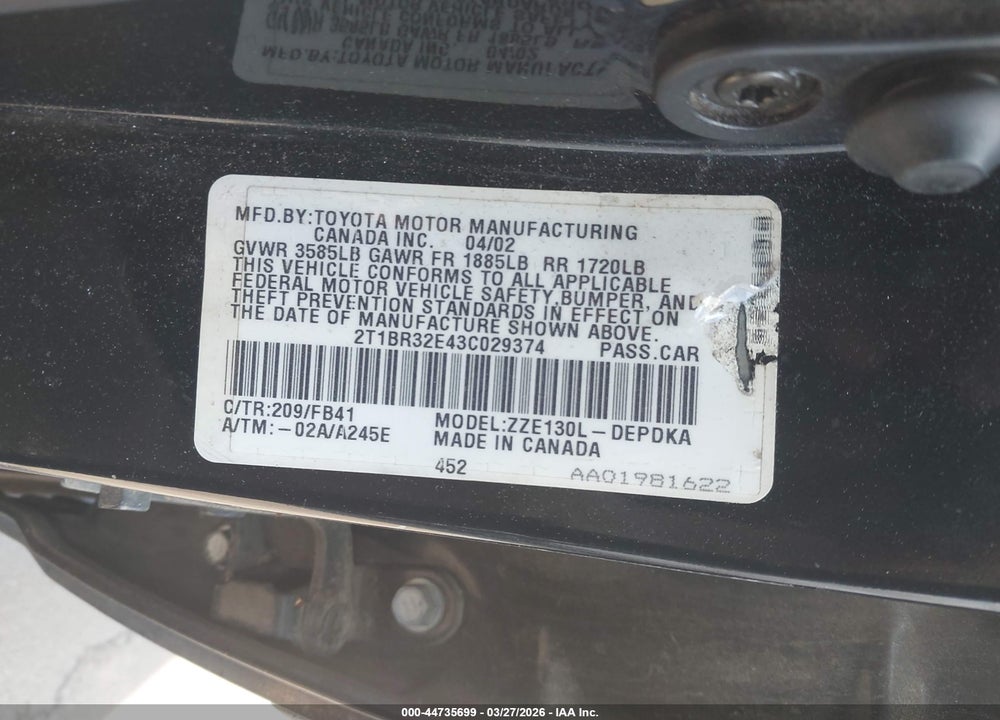 2003 TOYOTA COROLLA CE VIN: 2T1BR32E43C029374