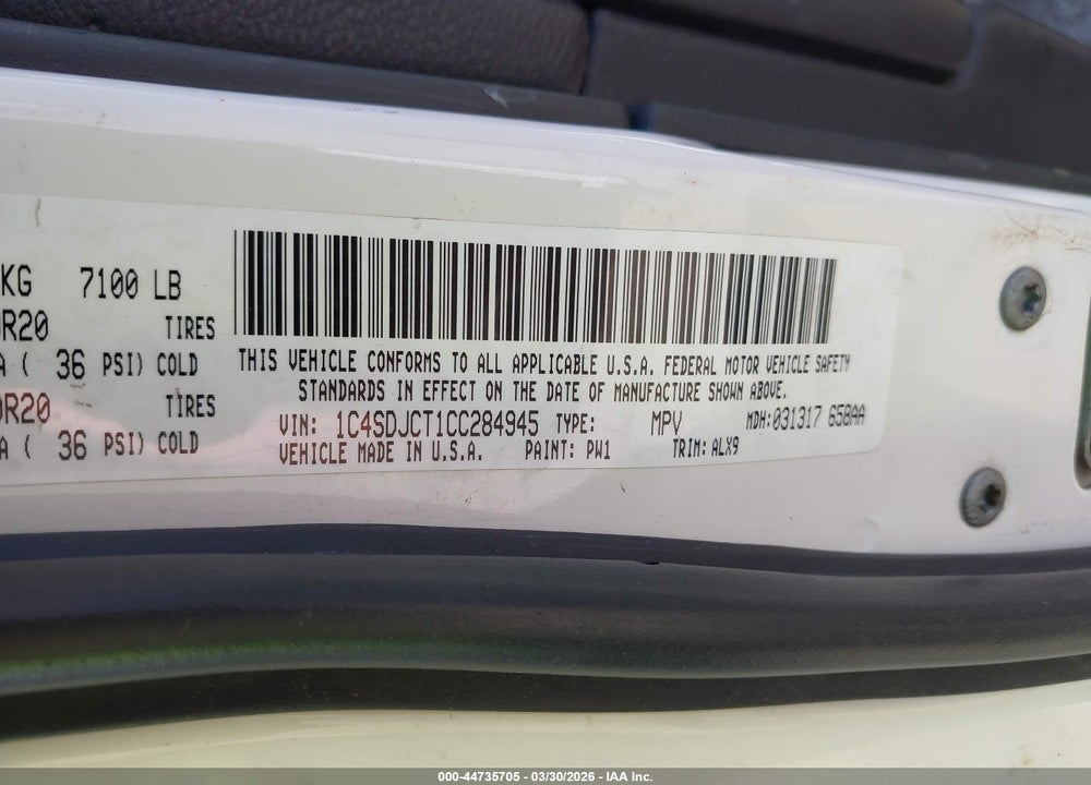 2012 DODGE DURANGO R/T VIN: 1C4SDJCT1CC284945