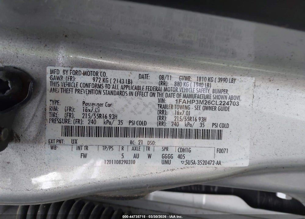 2012 FORD FOCUS SEL VIN: 1FAHP3M26CL224703