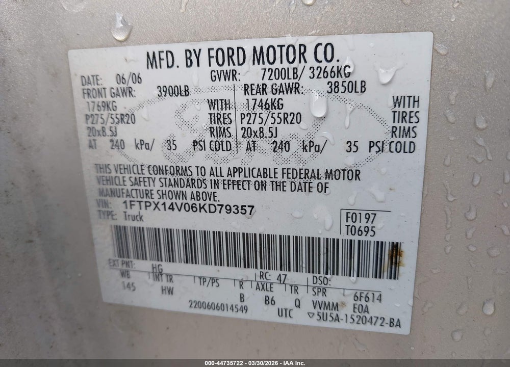 2006 FORD F-150 FX4/LARIAT/XL/XLT VIN: 1FTPX14V06KD79357