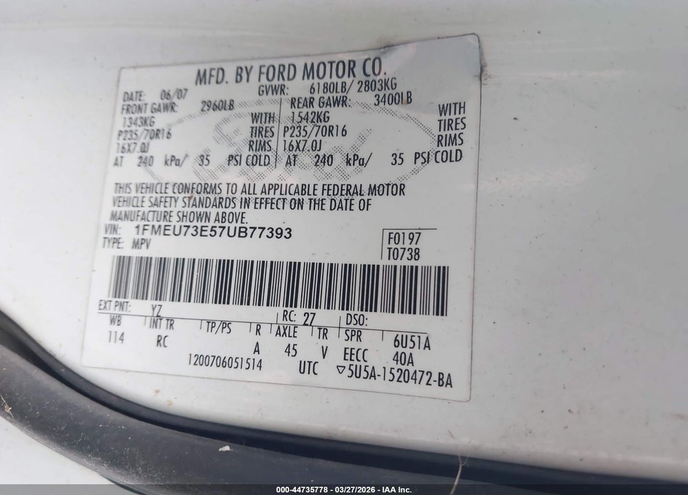 2007 FORD EXPLORER XLT VIN: 1FMEU73E57UB77393