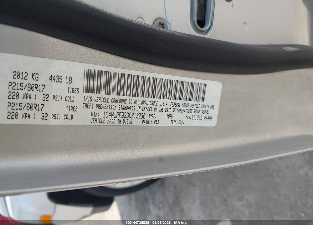 2013 JEEP PATRIOT LATITUDE VIN: 1C4NJPFB3DD213236