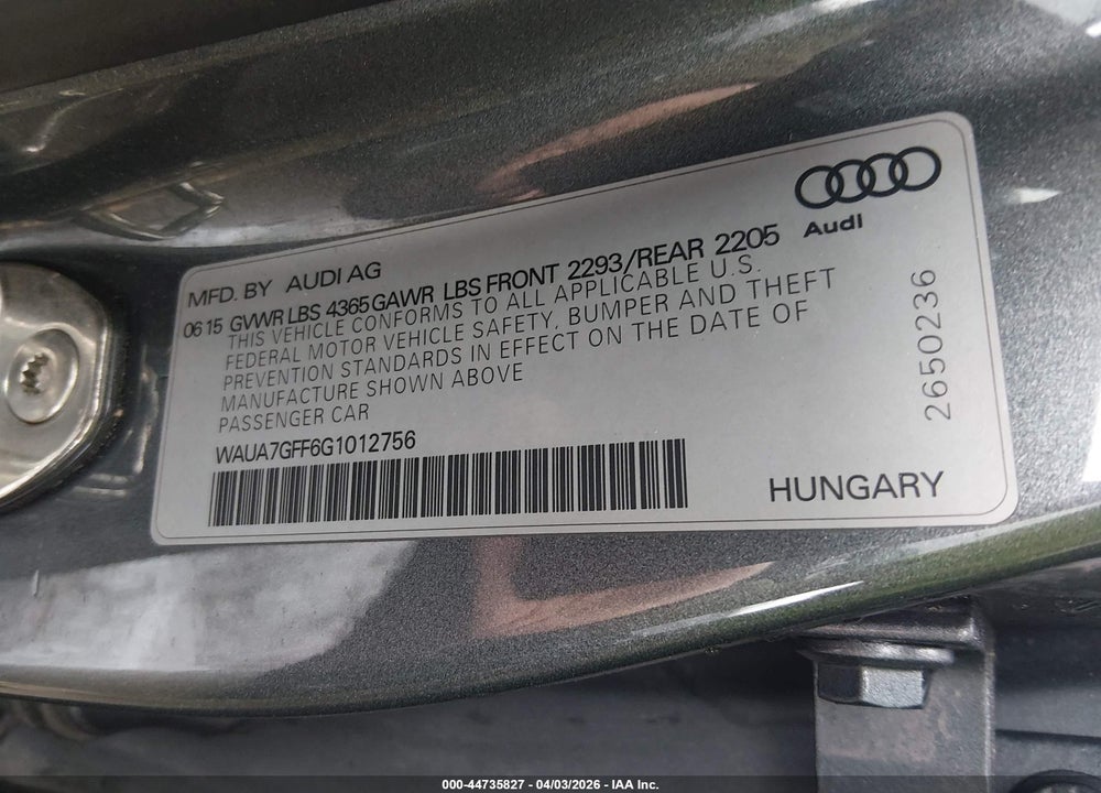2016 AUDI A3 1.8T PREMIUM VIN: WAUA7GFF6G1012756
