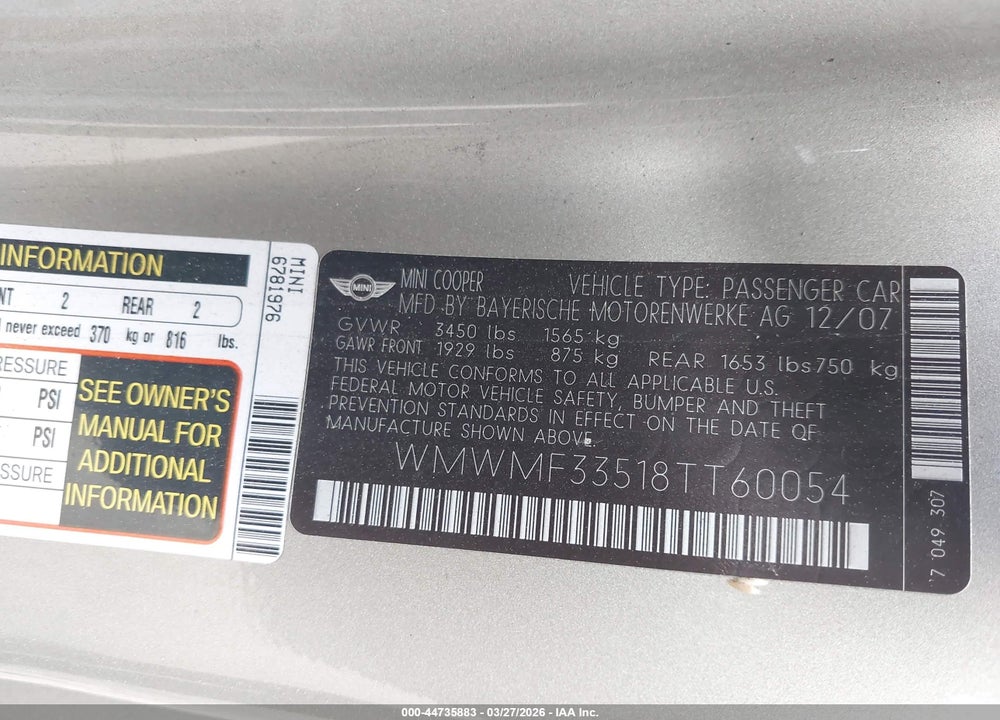 2008 MINI COOPER VIN: WMWMF33518TT60054