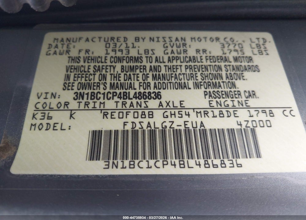 2011 NISSAN VERSA 1.8SL VIN: 3N1BC1CP4BL486836