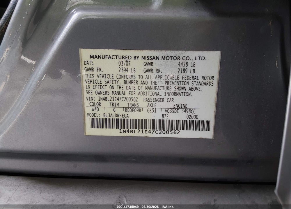 2007 NISSAN ALTIMA 3.5 SE VIN: 1N4BL21E47C200562