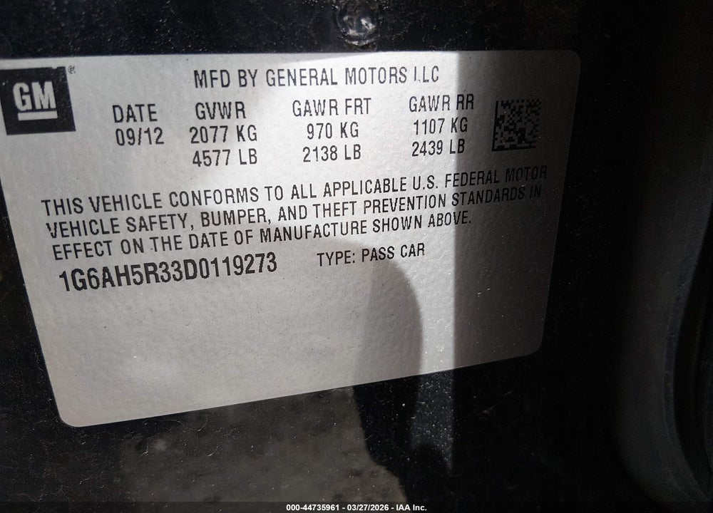 2013 CADILLAC ATS LUXURY VIN: 1G6AH5R33D0119273