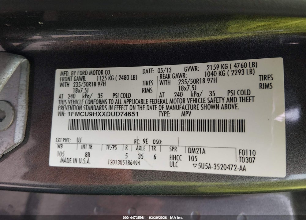 2013 FORD ESCAPE SEL VIN: 1FMCU9HXXDUD74651