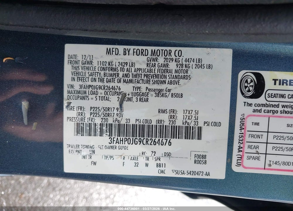 2012 FORD FUSION SEL VIN: 3FAHP0JG9CR264676