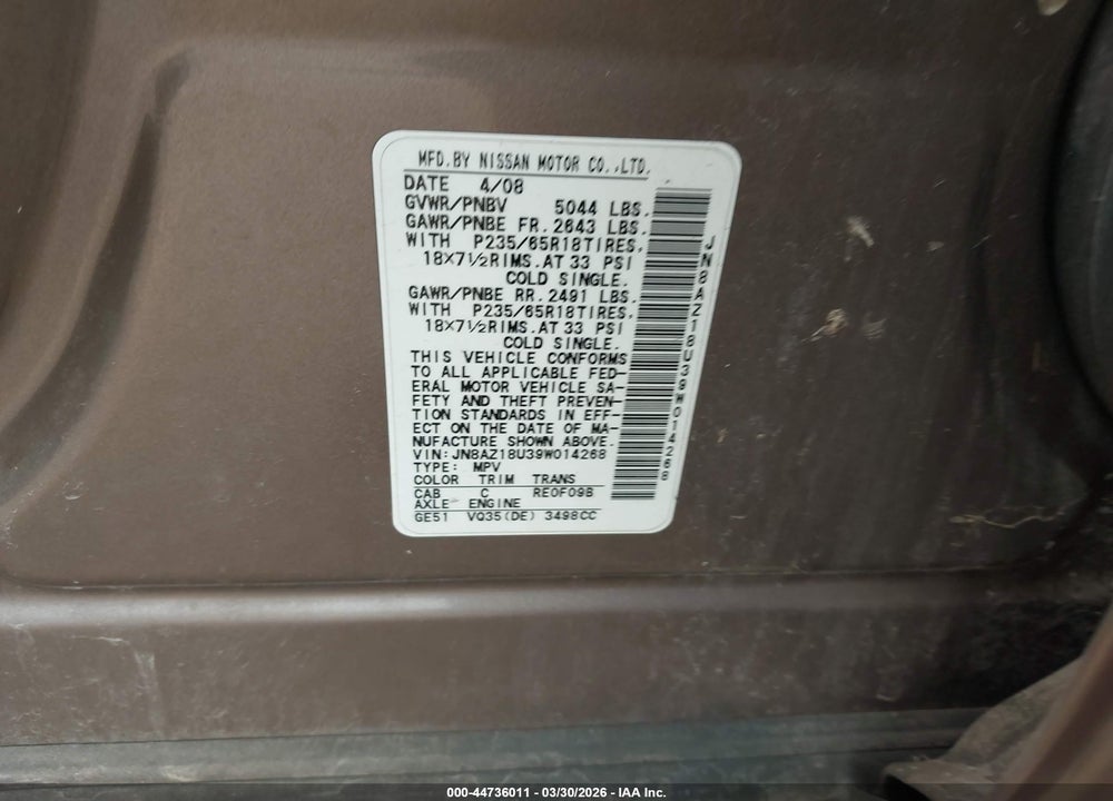 2009 NISSAN MURANO SL VIN: JN8AZ18U39W014268
