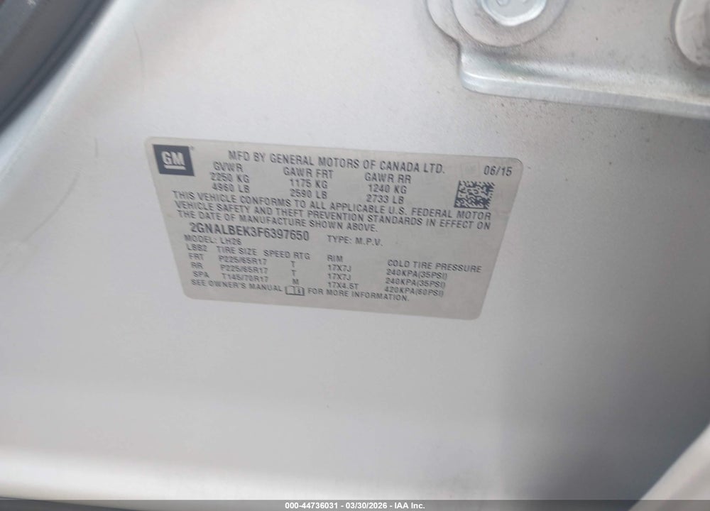 2015 CHEVROLET EQUINOX 1LT VIN: 2GNALBEK3F6397650