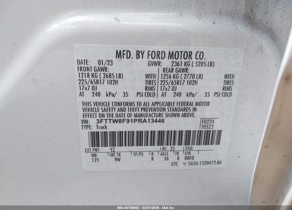 2023 FORD MAVERICK XL VIN: 3FTTW8F91PRA13446