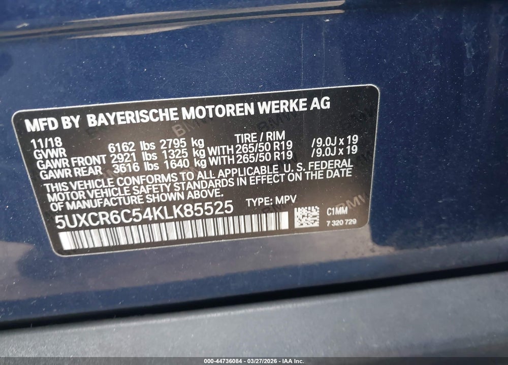 2019 BMW X5 XDRIVE40I VIN: 5UXCR6C54KLK85525