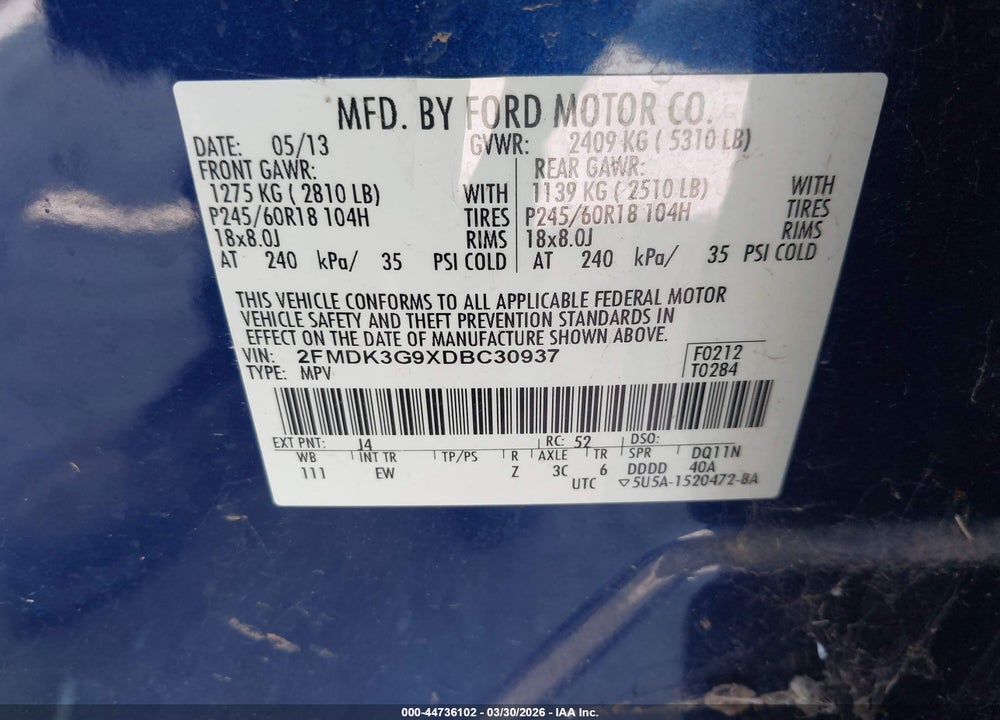 2013 FORD EDGE SE VIN: 2FMDK3G9XDBC30937