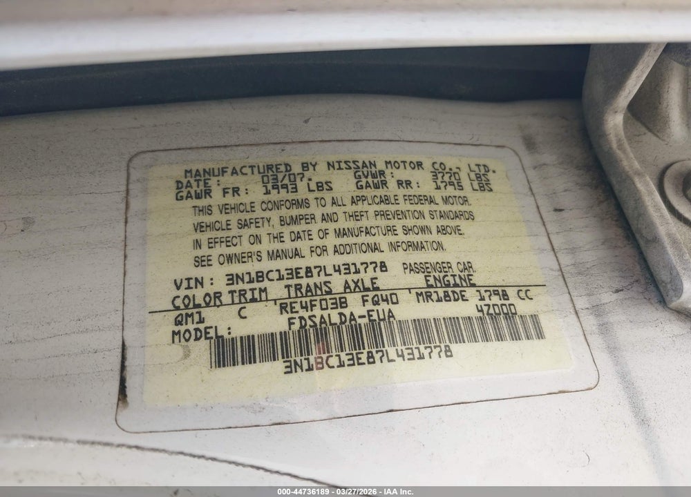 2007 NISSAN VERSA 1.8S VIN: 3N1BC13E87L431778