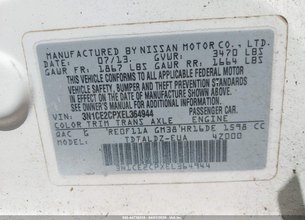 2014 NISSAN VERSA NOTE SV VIN: 3N1CE2CPXEL364944