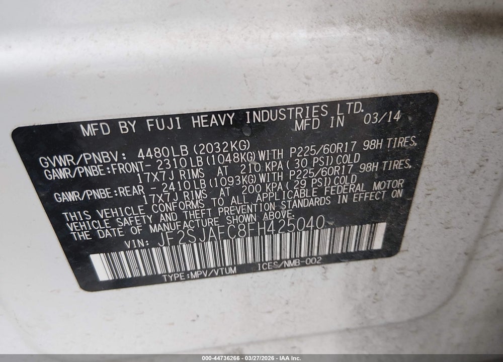2015 SUBARU FORESTER 2.5I PREMIUM VIN: JF2SJAFC8FH425040