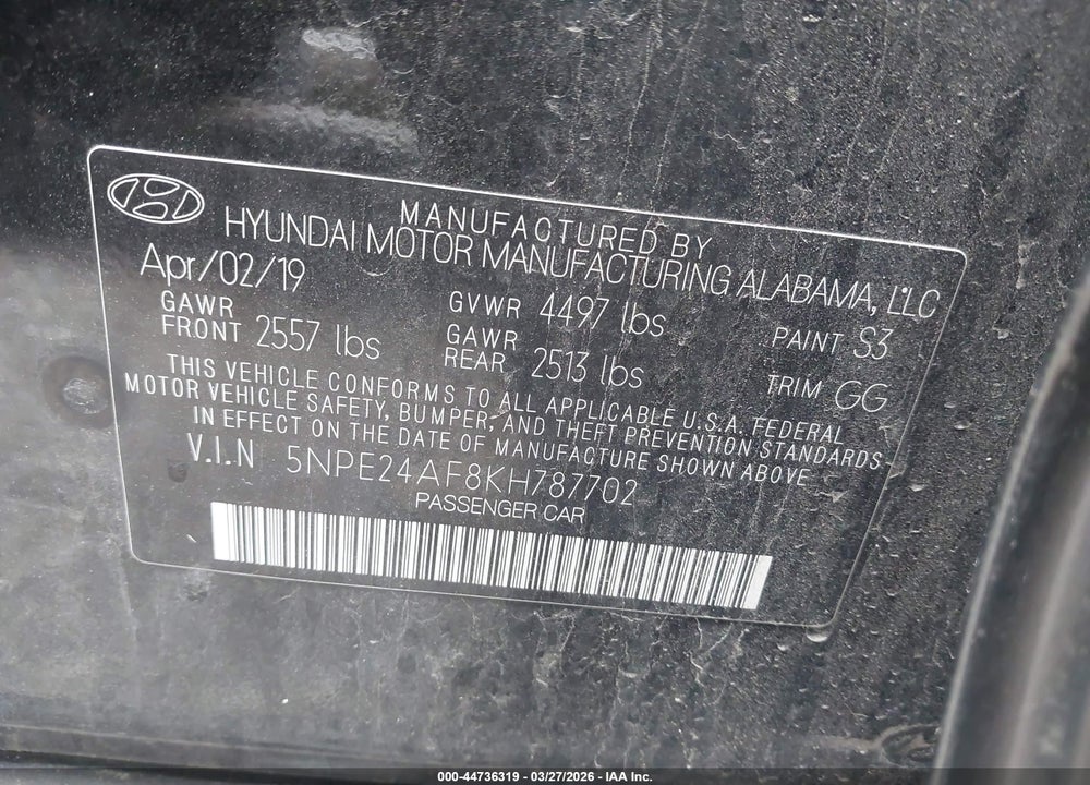 2019 HYUNDAI SONATA SE VIN: 5NPE24AF8KH787702