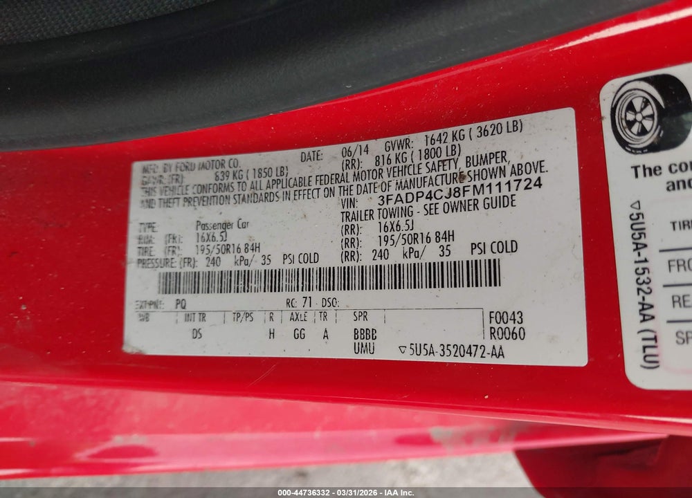 2015 FORD FIESTA TITANIUM VIN: 3FADP4CJ8FM111724