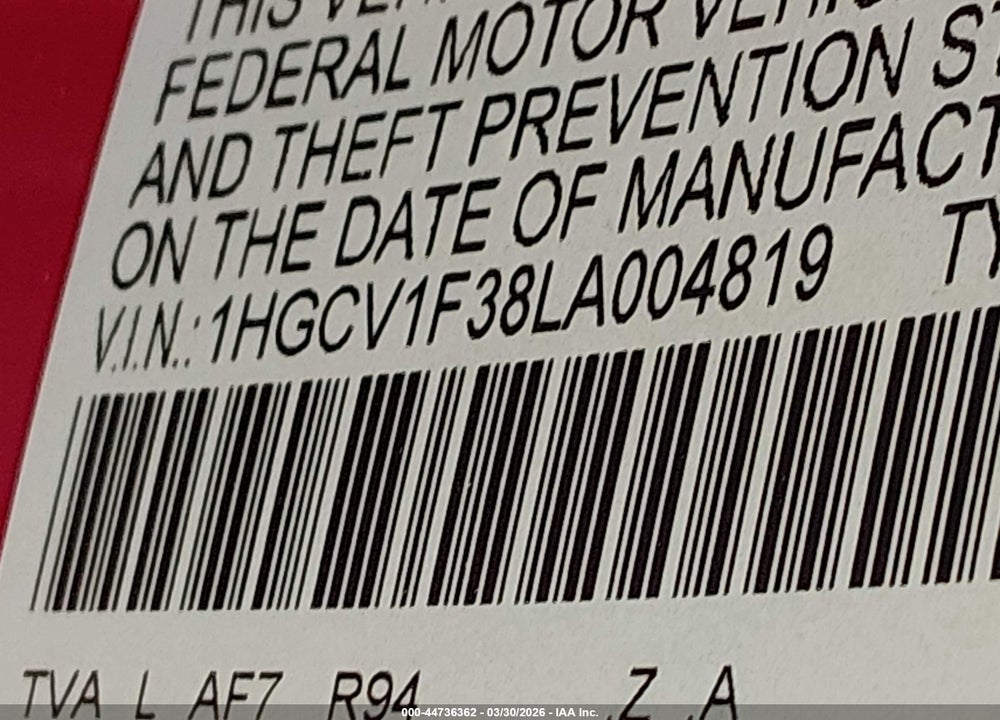 2020 HONDA ACCORD SPORT VIN: 1HGCV1F38LA004819