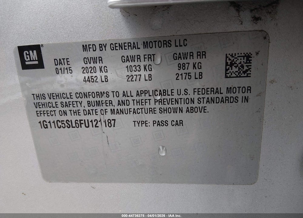 2015 CHEVROLET MALIBU 1LT VIN: 1G11C5SL6FU121187
