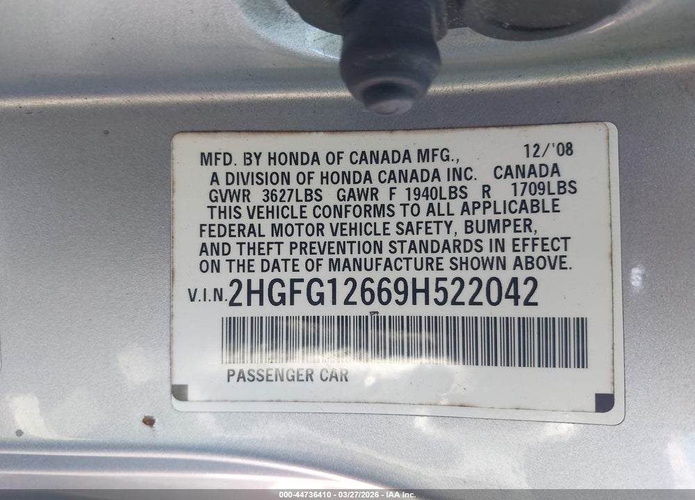 2009 HONDA CIVIC LX VIN: 2HGFG12669H522042