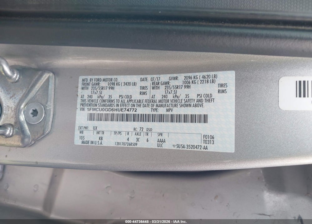 2017 FORD ESCAPE SE VIN: 1FMCU0GD6HUE74772