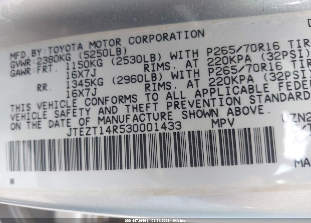 2003 TOYOTA 4RUNNER SR5 V8 VIN: JTEZT14R530001433